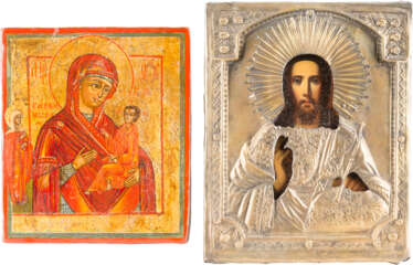 TWO ICONS SHOWING THE TIKHVINSKAYA MOTHER OF GOD AND CHRIST PANTOKRATOR WITH OKLAD