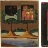 THREE MINIATURE ICONS SHOWING THE MOTHER OF GOD OF OKOVICE 'RZHEVSKAYA-OKOVITSKAYA', ST. GEORGE KILLING THE DRAGON AND SELECTED SAINTS - фото 1