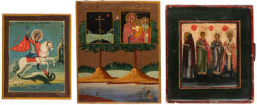 THREE MINIATURE ICONS SHOWING THE MOTHER OF GOD OF OKOVICE 'RZHEVSKAYA-OKOVITSKAYA', ST. GEORGE KILLING THE DRAGON AND SELECTED SAINTS