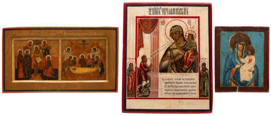 THREE SMALL ICONS SHOWING IMAGES OF THE MOTHER OF GOD AND THE ENTOMBMENT OF CHRIST - photo 1