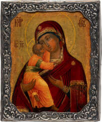 A SMALL ICON SHOWING THE VLADIMIRSKAYA MOTHER OF GOD WITH A SILVER RIZA