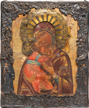 AN ICON SHOWING THE VLADIMIRSKAYA MOTHER OF GOD WITH SILVER RIZA - фото 1