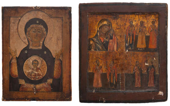TWO ICONS SHOWING THE MOTHER OF GOD OF THE SIGN AND A QUADRI-PARTITE ICON SHOWING THE KAZANSKAYA MOTHER OF GOD AND SELECTED SAINTS - фото 1
