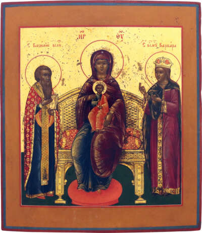 A SMALL ICON SHOWING THE ENTHRONED MOTHER OF GOD FLANKED BY ST. BASIL THE GREAT AND ST. BARBARA - фото 1