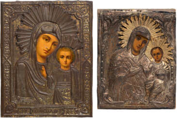 TWO SMALL ICONS SHOWING IMAGES OF THE MOTHER OF GOD WITH OKLAD