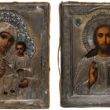 A PAIR OF WEDDINGS ICONS SHOWING CHRIST PANTOKRATOR AND THE IVERSKAYA MOTHER OF GOD WITH SILVER AND ENAMEL OKLAD - Foto 1