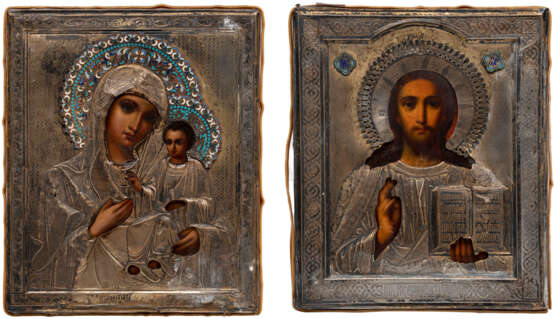 A PAIR OF WEDDINGS ICONS SHOWING CHRIST PANTOKRATOR AND THE IVERSKAYA MOTHER OF GOD WITH SILVER AND ENAMEL OKLAD - photo 1