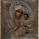 A PAIR OF WEDDINGS ICONS SHOWING CHRIST PANTOKRATOR AND THE IVERSKAYA MOTHER OF GOD WITH SILVER AND ENAMEL OKLAD - фото 2