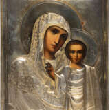A SMALL ICON SHOWING THE KAZANSKAYA MOTHER OF GOD WITH A SILVER-GILT OKLAD - photo 1