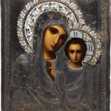 A SMALL ICON SHOWING THE KAZANSKAYA MOTHER OF GOD WITH A SILVER AND ENAMEL OKLAD - фото 1