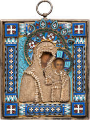 A SMALL SILVER-GILT AND CLOISONNÉ ENAMEL ICON OF THE MOTHER OF GOD OF KAZAN