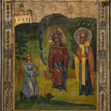 TWO SMALL ICONS SHOWING THE BESSADNAYA MOTHER OF GOD AND STS. ZOSIMA AND SAVATIY - фото 3