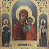 AN ICON SHOWING THE KAZANSKAYA MOTHER OF GOD FLANKED BY STS. CATHERINE AND BASIL THE GREAT - photo 1