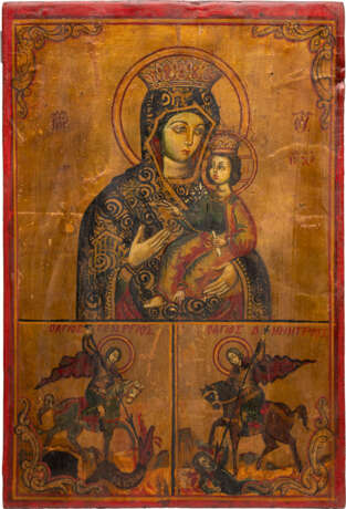 A TRI-PARTITE ICON SHOWING THE MOTHER OF GOD AND STS. GEORGE AND DEMETRIUS - photo 1