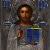 A SMALL ICON SHOWING CHRIST PANTOKRATOR WITH A CHAMPLEVÉ ENAMEL OKLAD - фото 1