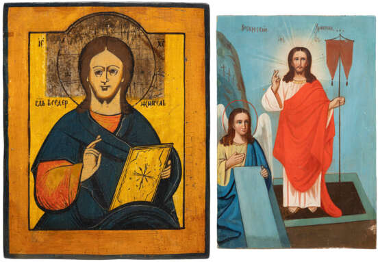 TWO SMALL ICONS SHOWING CHRIST PANTOKRATOR AND THE RESURRECTION OF CHRIST - фото 1