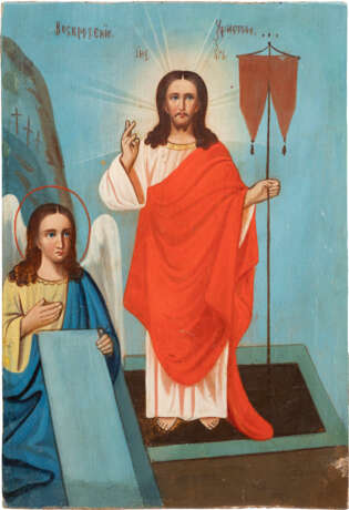 TWO SMALL ICONS SHOWING CHRIST PANTOKRATOR AND THE RESURRECTION OF CHRIST - photo 3