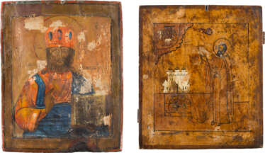 TWO ICONS SHOWING CHRIST PANTOKRATOR AND ST. SERGEY OF RADONEZH AT THE TOMB OF HIS PARENTS