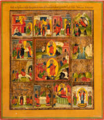 AN ICON SHOWING THE RESURRECTION AND DESCENT INTO HELL WITHIN A SURROUND OF TWELVE MAJOR FEASTS