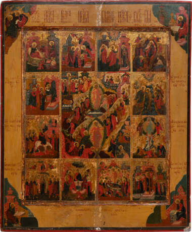 A LARGE AND FINE ICON OF THE RESURRECTION AND DESCENT INTO HELL WITHIN A SURROUND OF TWELVE GREAT FEASTS OF ORTHODOXY - Foto 1