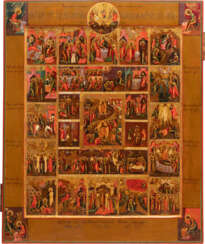 A LARGE ICON SHOWING THE RESURRECTION AND THE DESCENT INTO HELL AND THE PASSION CYCLE WITH 16 CURCH FESTIVALS, THE EVANGELISTS AND THE 'ONLY BEGOTTEN SON'