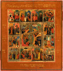 AN ICON SHOWING THE RESURRECTION AND THE DESCENT INTO HELL WITHIN A SURROUND OF TWELVE MAJOR FEASTS