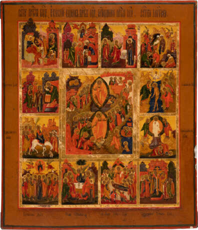 A LARGE ICON SHOWING THE RESURRECTION OF CHRIST AND THE DESCENT INTO HELL SURROUNDED BY THE MOST IMPORTANT CHURCH FEASTS - photo 1
