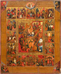 A FINE AND LARGE ICON SHOWING THE RESURRECTION AND DESCENT INTO HELL WITH FEASTS AND FOUR EVANGELISTS