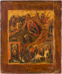 AN ICON SHOWING THE NATIVITY OF CHRIST, THE ADORATION OF THE THREE MAGI AND THE FLIGHT INTO EGYPT