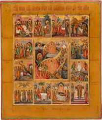 A FINELY PAINTED ICON SHOWING THE RESURRECTION AND THE DESCENT INTO HELL WITH TWELVE MAJOR FEASTS