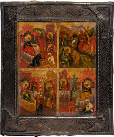 A QUADRI-PARTITE ICON SHOWING FOUR NATIVITIES WITH A SILVER BASMA - фото 1