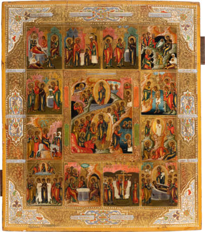 A FINE ICON SHOWING THE DESCENT INTHO HELL WITHIN A SURROUND OF TWELVE MAJOR FEASTS - фото 1