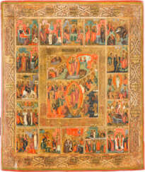 AN ICON SHOWING THE RESURRECTION OF CHRIST AND THE DESCENT INTO HELL WITHIN 16 MAJOR FEASTS