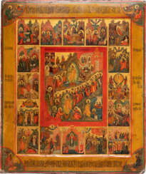 AN ICON SHOWING THE RESURRECTION OF CHRIST AND THE DESCENT INTO HELL WITH 12 MAJOR FEASTS AND THE FOUR EVANGELISTS