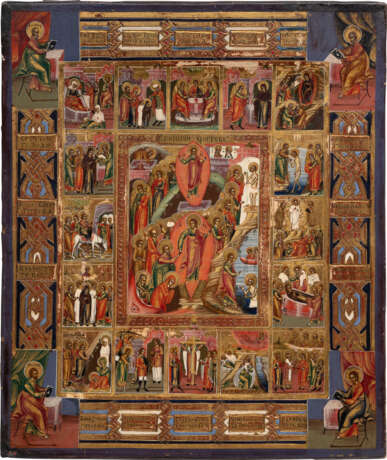 AN ICON SHOWING THE RESURRECTION OF CHRIST AND THE DESCENT INTO HELL SURROUNDED BY THE MOST IMPORTANT CHURCH FEASTS - Foto 1
