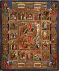 AN ICON SHOWING THE RESURRECTION OF CHRIST AND THE DESCENT INTO HELL SURROUNDED BY THE MOST IMPORTANT CHURCH FEASTS