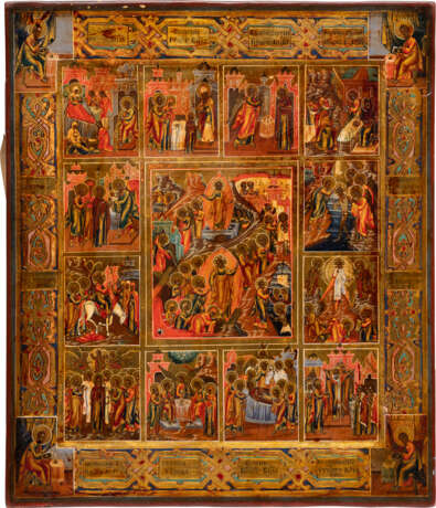 AN ICON SHOWING THE RESURRECTION AND DESCENT INTO HELL WITHIN A SURROUND OF TWELVE GREAT FEASTS OF ORTHODOXY - photo 1