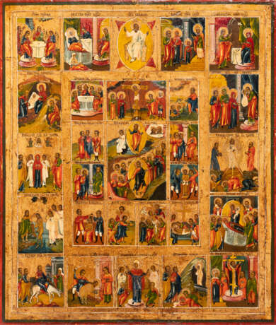 A LARGE ICON OF THE ANASTASIS WITH THE PASSION CYCLE AND THE MAIN ECCLECIASTICAL FEASTS AND LORD SABAOTH - фото 1