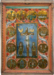 A LARGE DATED REVERSE PAINTING ON GLASS SHOWING THE PASSION AND CRUCIFIXION OF CHRIST