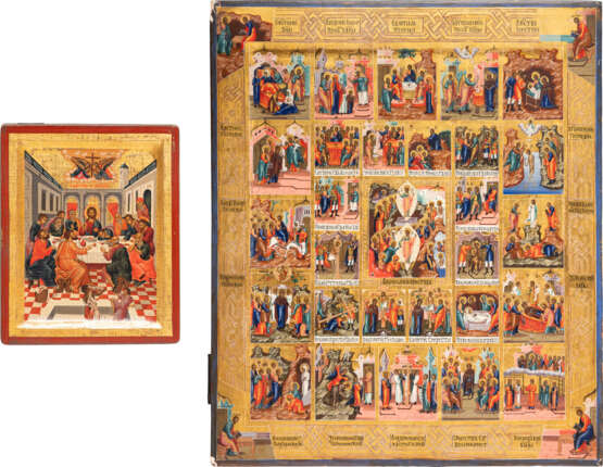 A LARGE ICON SHOWING THE RESURRECTION OF CHRIST AND THE DESCENT INTO HELL WITH 16 MAJOR FEASTS AND PASSION CYCLE AND AN ICON SHOWING THE LAST SUPPER - photo 1