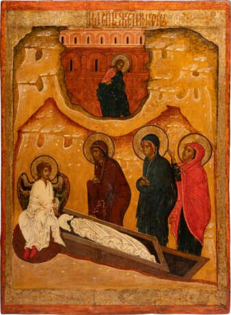 A FINE AND MONUMENTAL ICON SHOWING THE THREE MARYS AT THE TOMB FROM A CHURCH ICONOSTASIS - Foto 1