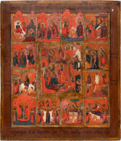 A LARGE ICON SHOWING THE RESURRECTION WITHIN A SURROUND OF TWELVE MAJOR FEASTS - фото 1