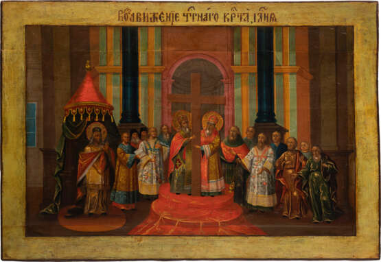 A VERY LARGE ICON SHOWING THE EXALTATION OF THE TRUE CROSS FROM A CHURCH ICONOSTASIS - фото 1