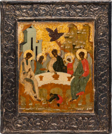 A VERY FINE ICON SHOWING THE OLD TESTAMENT TRINITY WITH A SILVER BASMA - photo 1