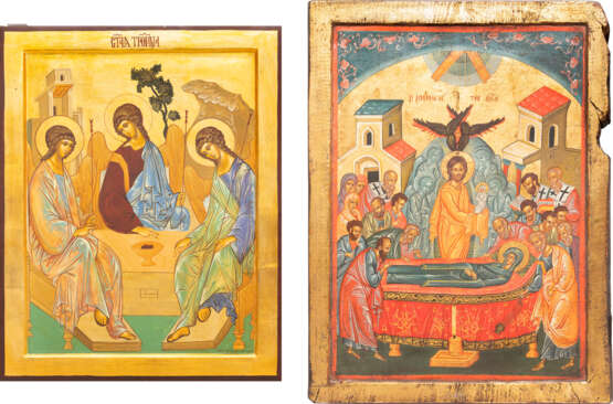 TWO LARGE ICONS SHOWING THE OLD TESTAMENT TRINITY AND THE DORMITION OF THE MOTHER OF GOD - photo 1