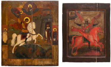TWO ICONS SHOWING ST. GEORGE KILLING THE DRAGON AND THE ARCHANGEL MICHAEL AS HORSEMAN OF THE APOCALYPSE