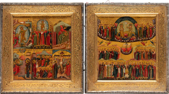 A VERY FINE TRAVELLING DIPTYCH WITH TWO ICONS SHOWING THE WEEK (SEDMITSUI) WITH SILVER-GILT BASMA - Foto 1