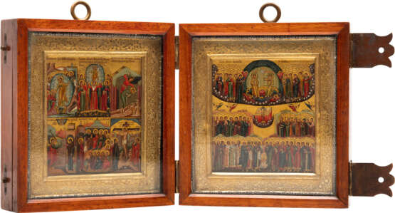 A VERY FINE TRAVELLING DIPTYCH WITH TWO ICONS SHOWING THE WEEK (SEDMITSUI) WITH SILVER-GILT BASMA - Foto 4