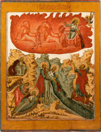 A MONUMENTAL ICON SHOWING THE PROPHET ELIJAH, HIS LIFE IN THE DESERT AND HIS FIERY ASCENT TO HEAVEN FROM A CHURCH ICONOSTASIS - photo 1