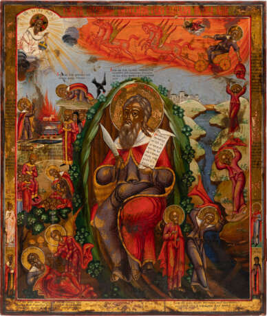 A MONUMENTAL ICON SHOWING THE PROPHET ELIJAH, HIS LIFE IN THE DESERT AND HIS FIERY ASCENT TO HEAVEN - photo 1